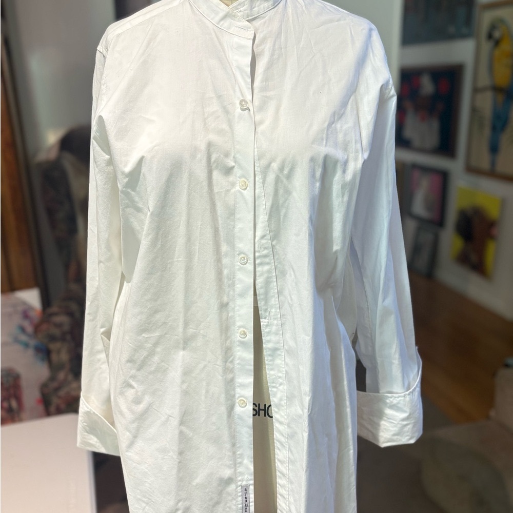 Vintage Lucky Brand White Mandarin Collar Shirt 100% Cotton Made in Hong Kong, L